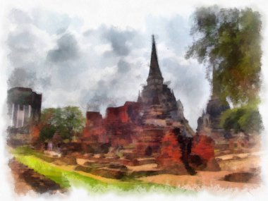 Ayutthaya Dünya Mirası 'ndaki antik harabelerin manzarası suluboya resim empresyonisti.