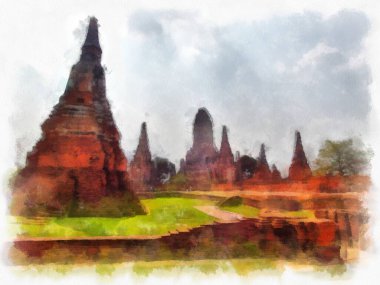 Ayutthaya Dünya Mirası 'ndaki antik harabelerin manzarası suluboya resim empresyonisti.