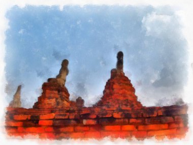 Ayutthaya Dünya Mirası 'ndaki antik harabelerin manzarası suluboya resim empresyonisti.