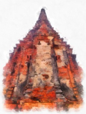 Ayutthaya Dünya Mirası 'ndaki antik harabelerin manzarası suluboya resim empresyonisti.