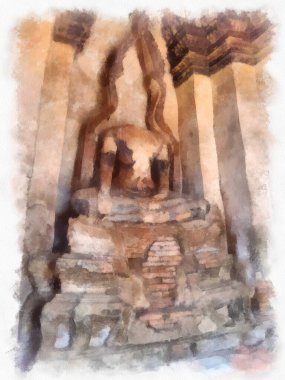 Ayutthaya Dünya Mirası 'ndaki antik harabelerin manzarası suluboya resim empresyonisti.