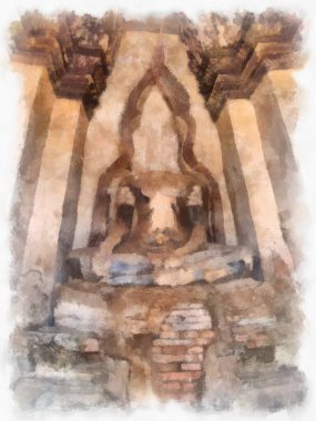 Ayutthaya Dünya Mirası 'ndaki antik harabelerin manzarası suluboya resim empresyonisti.