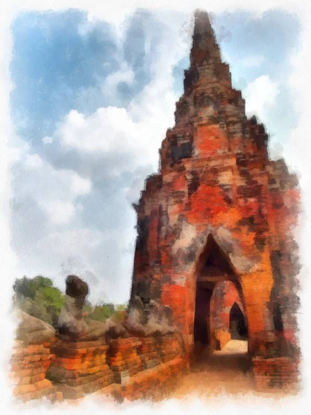 Krajobraz Starożytnych Ruin Ayutthaya World Heritage Malarstwo Akwarelowe Impresjonistyczne — Zdjęcie stockowe