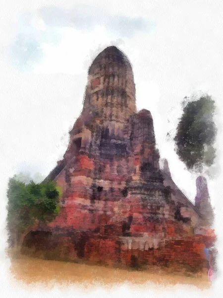 Paesaggio Antiche Rovine Ayutthaya Patrimonio Dell Umanità Pittura Acquerello Pittura — Foto Stock