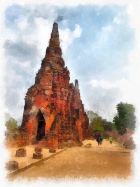 Paesaggio Antiche Rovine Ayutthaya Patrimonio Dell Umanità Pittura Acquerello Pittura — Foto Stock