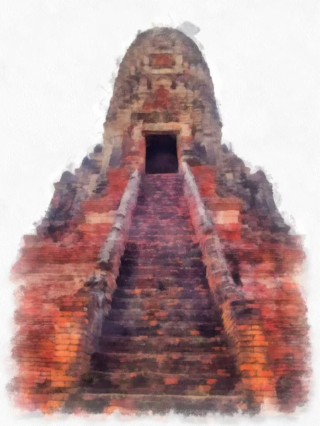 Paisaje Ruinas Antiguas Ayutthaya Patrimonio Humanidad Pintura Acuarela Pintura Impresionista — Foto de Stock