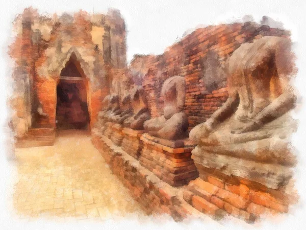 Paisaje Ruinas Antiguas Ayutthaya Patrimonio Humanidad Pintura Acuarela Pintura Impresionista — Foto de Stock