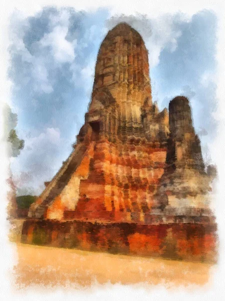 Landschap Van Oude Ruïnes Ayutthaya World Heritage Aquarel Schilderen Impressionistische — Stockfoto