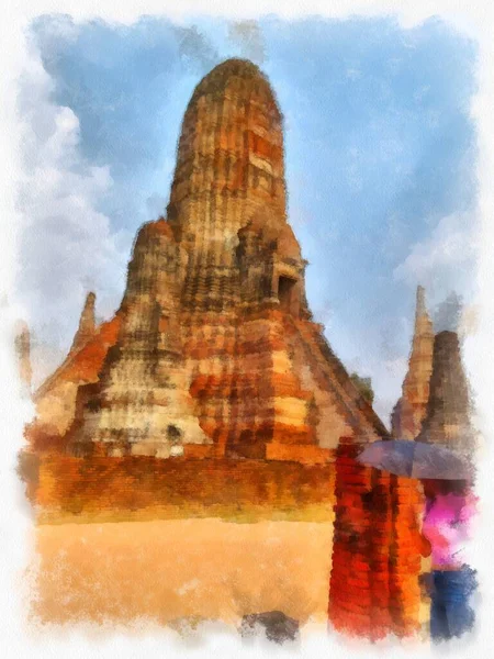 Landschap Van Oude Ruïnes Ayutthaya World Heritage Aquarel Schilderen Impressionistische — Stockfoto