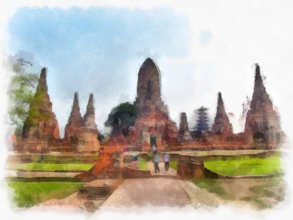 Krajina Starověkých Zřícenin Ayutthaya Světového Dědictví Akvarel Malba Impresionista — Stock fotografie