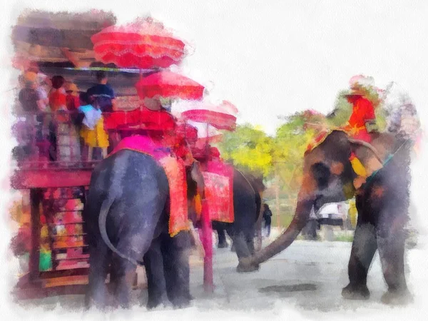 Elefanten Für Den Transport Von Touristen Ayutthaya Thailand Aquarell Illustration — Stockfoto