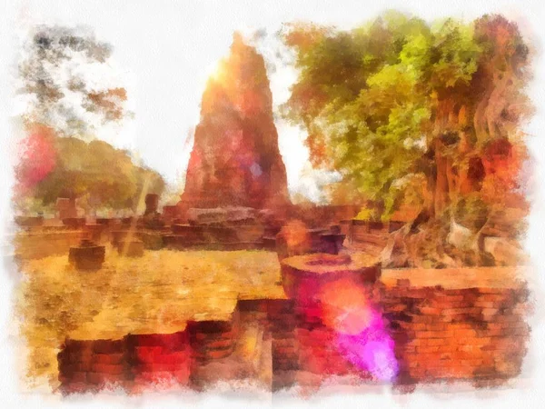 Paisagem Ruínas Antigas Ayutthaya Património Mundial Aquarela Pintura Pintura Impressionista — Fotografia de Stock