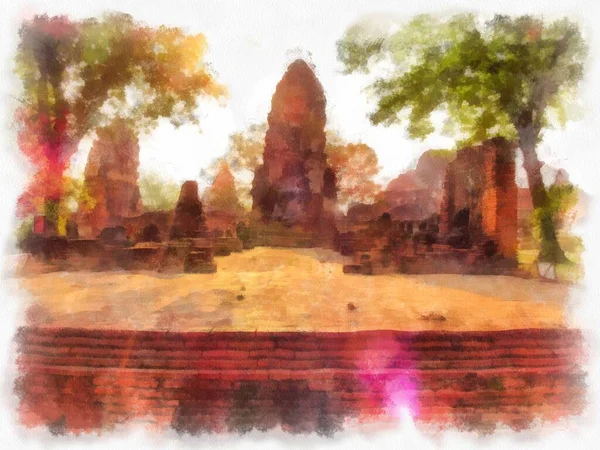 Landskap Antika Ruiner Ayutthaya Världsarv Akvarell Målning Impressionist Målning — Stockfoto