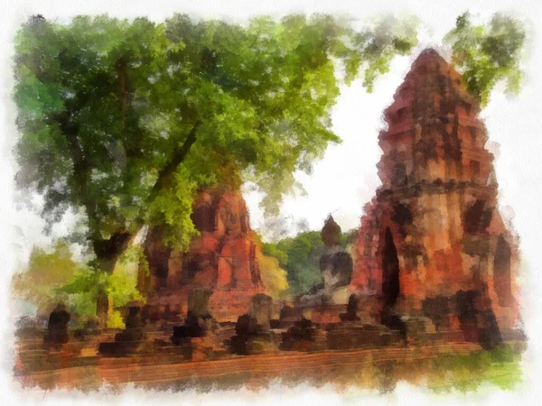 Landschap Van Oude Ruïnes Ayutthaya World Heritage Aquarel Schilderen Impressionistische — Stockfoto