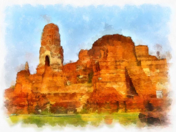 Paisagem Ruínas Antigas Ayutthaya Património Mundial Aquarela Pintura Pintura Impressionista — Fotografia de Stock