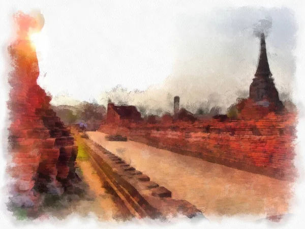 Landskap Antika Ruiner Ayutthaya Världsarv Akvarell Målning Impressionist Målning — Stockfoto