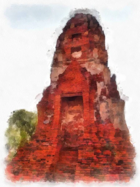 Landschap Van Oude Ruïnes Ayutthaya World Heritage Aquarel Schilderen Impressionistische — Stockfoto