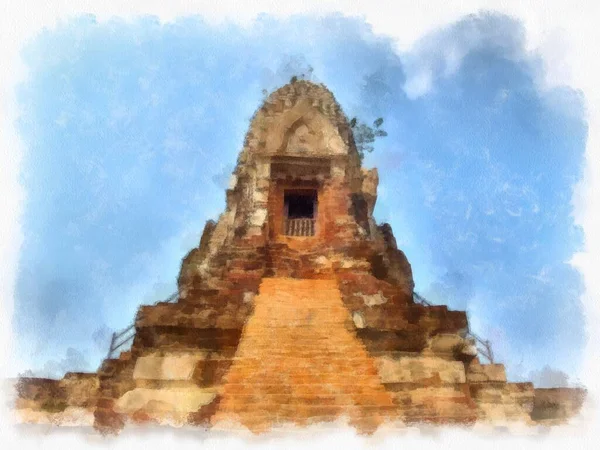 Landschap Van Oude Ruïnes Ayutthaya World Heritage Aquarel Schilderen Impressionistische — Stockfoto