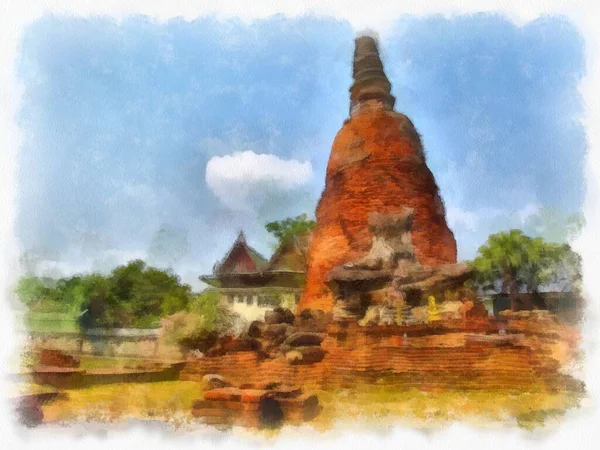 Ayutthaya世界遗产水彩画印象派绘画古建筑景观 — 图库照片
