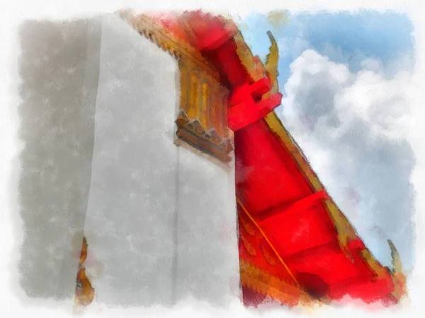 Ayutthaya Dünya Mirası 'ndaki antik harabelerin manzarası suluboya resim empresyonisti.