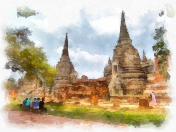 Paisagem Ruínas Antigas Ayutthaya Património Mundial Aquarela Pintura Pintura Impressionista — Fotografia de Stock