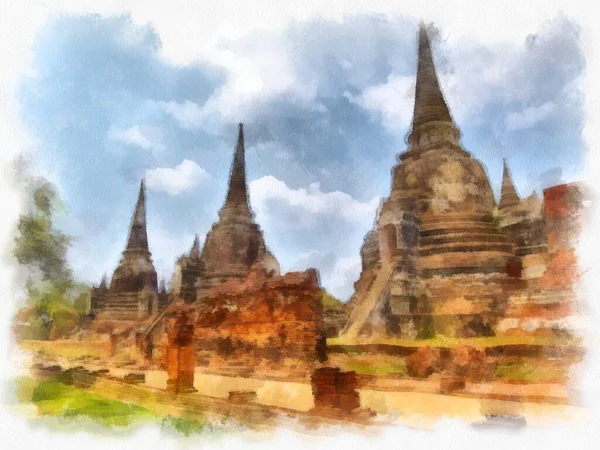 Paisagem Ruínas Antigas Ayutthaya Património Mundial Aquarela Pintura Pintura Impressionista — Fotografia de Stock