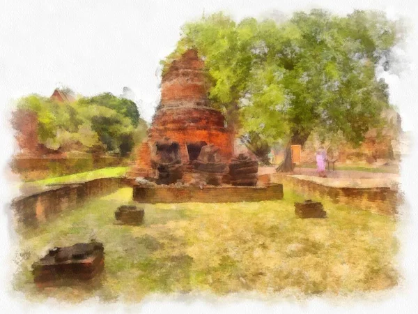 Landschaft Der Antiken Ruinen Ayutthaya Welterbe Aquarellmalerei Impressionistische Malerei — Stockfoto