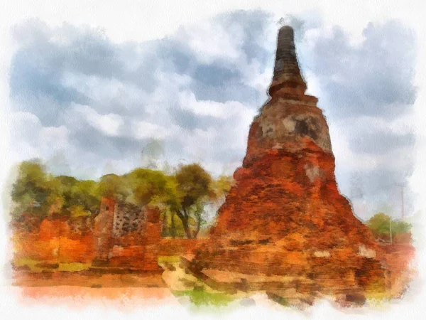 Landschap Van Oude Ruïnes Ayutthaya World Heritage Aquarel Schilderen Impressionistische — Stockfoto