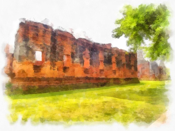 Ayutthaya Dünya Mirası 'ndaki antik harabelerin manzarası suluboya resim empresyonisti.