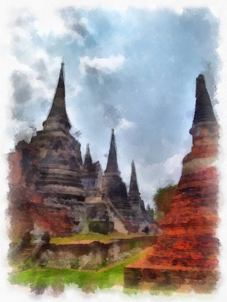 Ayutthaya世界遗产水彩画印象派绘画古建筑景观 — 图库照片