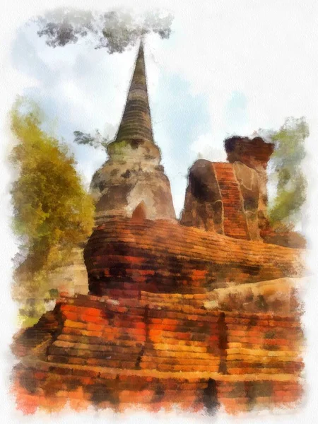 Krajobraz Starożytnych Ruin Ayutthaya World Heritage Malarstwo Akwarelowe Impresjonistyczne — Zdjęcie stockowe