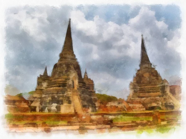 Tájkép Ősi Romok Ayutthaya Világörökség Akvarell Festmény Impresszionista Festmény — Stock Fotó