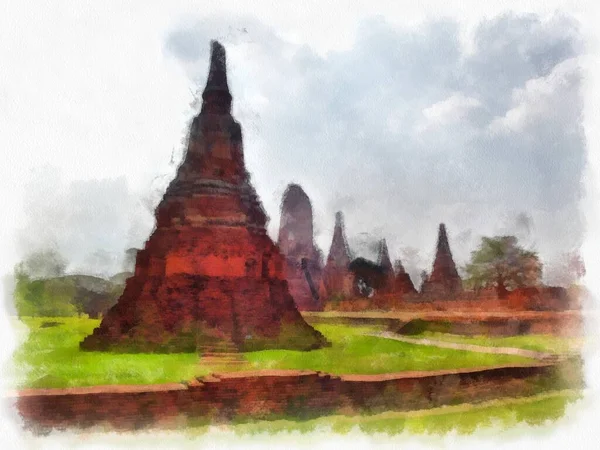 Ayutthaya世界遗产水彩画印象派绘画古建筑景观 — 图库照片