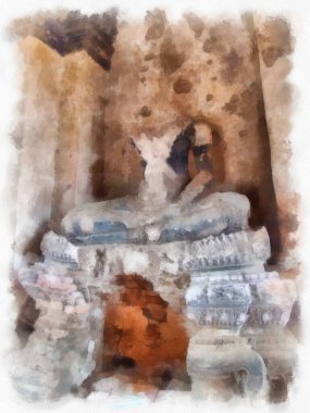 Ayutthaya Dünya Mirası 'ndaki antik harabelerin manzarası suluboya resim empresyonisti.