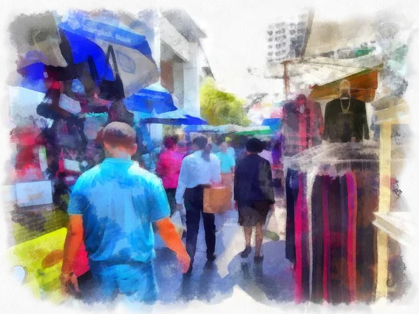 Paisaje Del Mercado Vacaciones Bangkok Acuarela Estilo Ilustración Pintura Impresionista —  Fotos de Stock