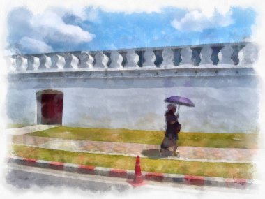 Bangkok şehri peyzajı suluboya resim çizimi empresyonisti.