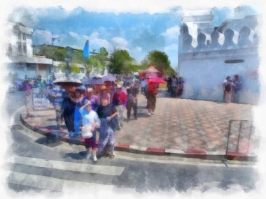 Bangkok şehri peyzajı suluboya resim çizimi empresyonisti.