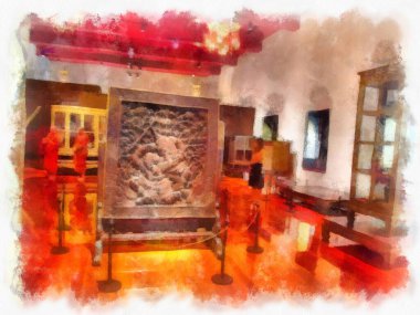 Bangkok 'taki müzelerin ve antikaların iç manzarası suluboya resim çizimi izlenimcisi.