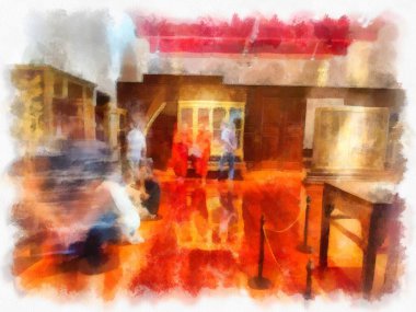 Bangkok 'taki müzelerin ve antikaların iç manzarası suluboya resim çizimi izlenimcisi.