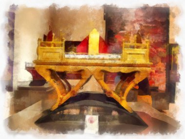 Bangkok 'taki müzelerin ve antikaların iç manzarası suluboya resim çizimi izlenimcisi.