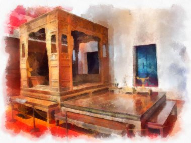 Bangkok 'taki müzelerin ve antikaların iç manzarası suluboya resim çizimi izlenimcisi.