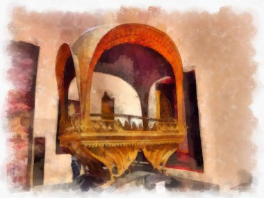 Bangkok 'taki müzelerin ve antikaların iç manzarası suluboya resim çizimi izlenimcisi.