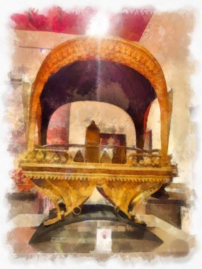 Bangkok 'taki müzelerin ve antikaların iç manzarası suluboya resim çizimi izlenimcisi.