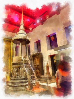 Bangkok 'taki müzelerin ve antikaların iç manzarası suluboya resim çizimi izlenimcisi.