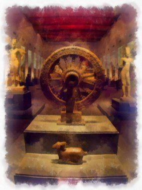 Bangkok 'taki müzelerin ve antikaların iç manzarası suluboya resim çizimi izlenimcisi.