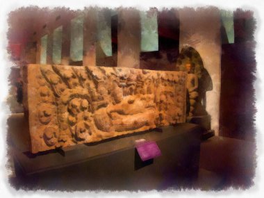 Bangkok 'taki müzelerin ve antikaların iç manzarası suluboya resim çizimi izlenimcisi.