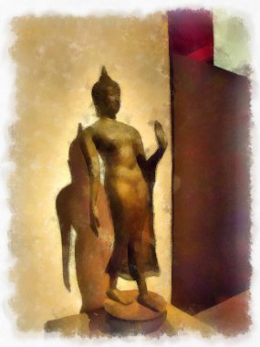 Bangkok 'taki müzelerin ve antikaların iç manzarası suluboya resim çizimi izlenimcisi.