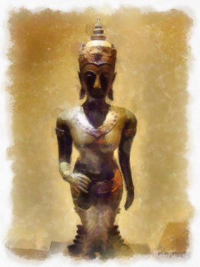 Bangkok 'taki müzelerin ve antikaların iç manzarası suluboya resim çizimi izlenimcisi.