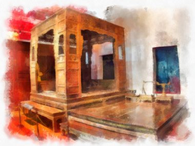 Bangkok 'taki müzelerin ve antikaların iç manzarası suluboya resim çizimi izlenimcisi.