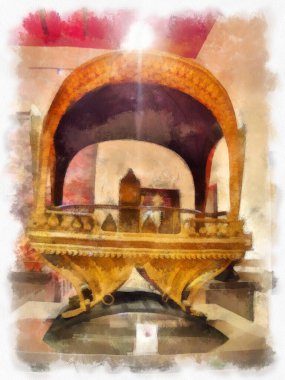 Bangkok 'taki müzelerin ve antikaların iç manzarası suluboya resim çizimi izlenimcisi.